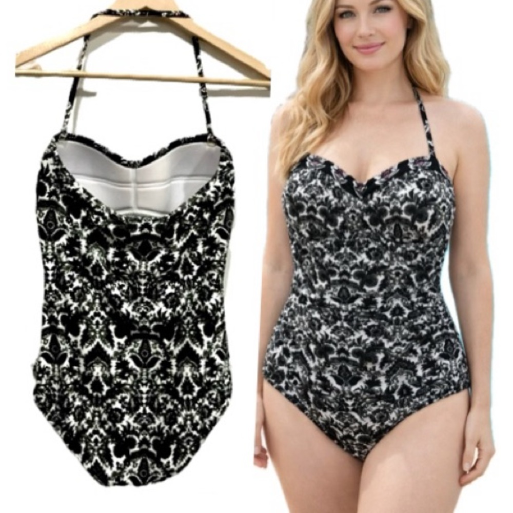 Tommy Bahama Floral Paisley One Piece Halter Swimsuit Size 4 Padded Ruched Front